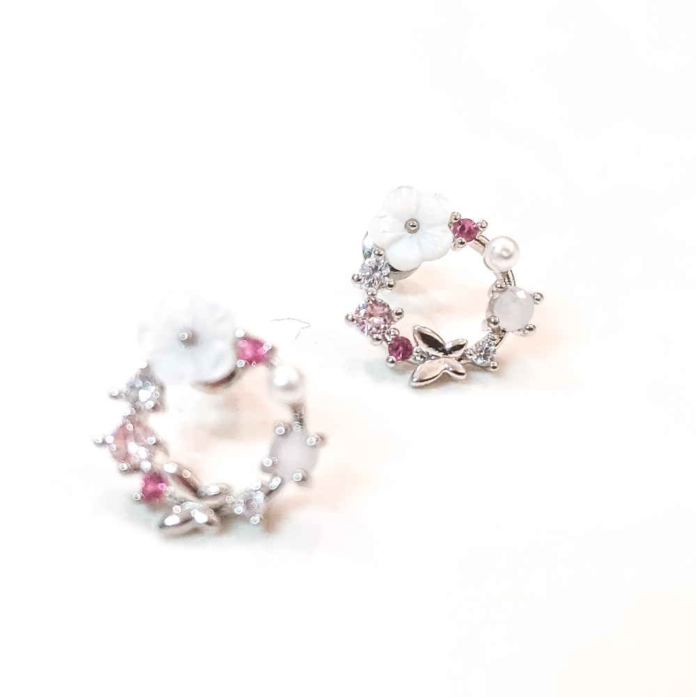14k Gold or 925 Sterling Silver Hibiscus Pearl & Rose Quartz Butterfly Earrings - Picture 5 of 9